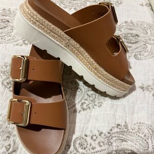 Madden Girl Tan Slide Sandals with Gold Buckle NWOT